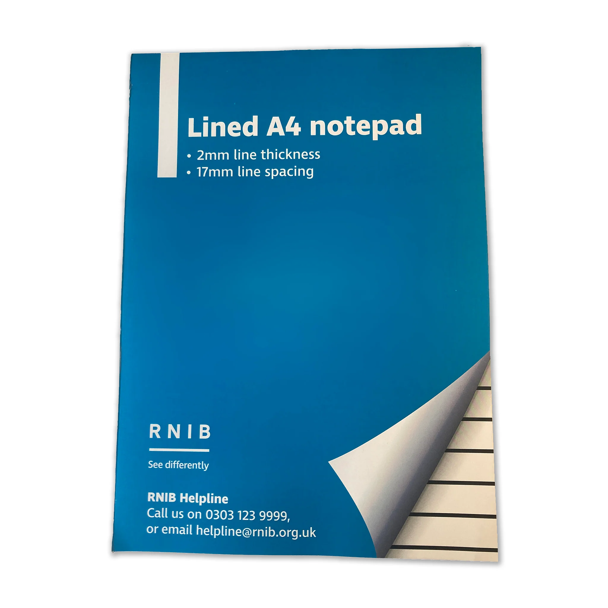 RNIB A4 white writing pad, lines 1.7cm apart